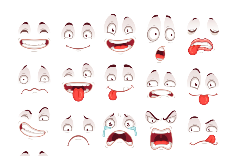 Cartoon faces. Happy excited smile laughing unhappy sad cry and scared face  expressions. Expressive caricatures vector set 24025283 Vector Art at  Vecteezy