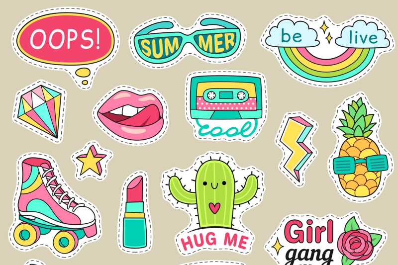 Fun fashion teenage stickers. Cute cartoons patches for teenager. Stic ...