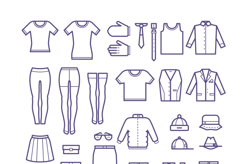 Female and male casual clothes, garment outline vector
