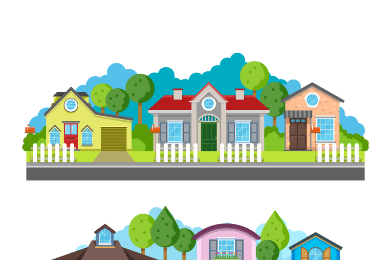 Residential Village Houses Flat Vector Illustration Urban Landscape By Microvector Thehungryjpeg Com