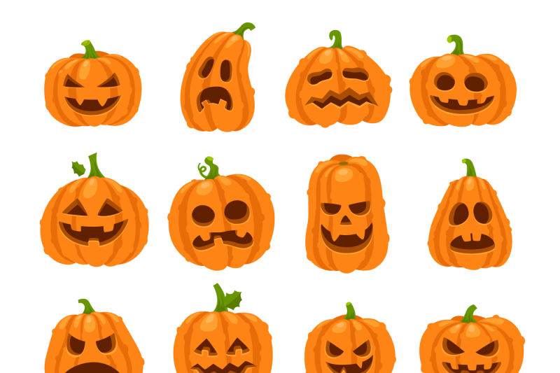 Cartoon halloween pumpkin. Orange pumpkins with carving scary smiling ...