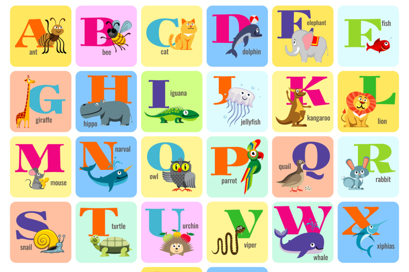 Kids full alphabeth with cartoon animals vector illustration By ...