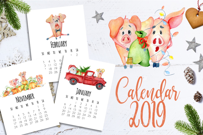 Calendar template for 2019 Year with cute cartoons pigs By EvgeniiasArt ...