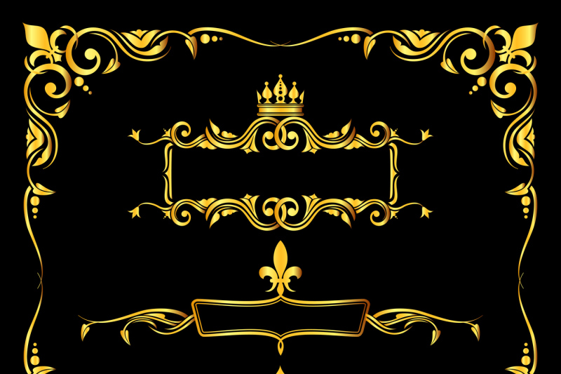 Set of ornate golden royal frames black background By Microvector |  TheHungryJPEG
