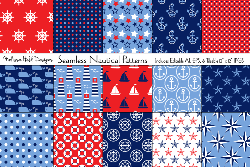 Seamless Nautical Patterns By Melissa Held Designs | TheHungryJPEG