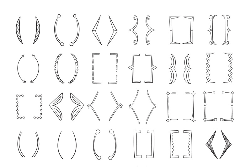 Hand drawn parenthesis, sketchy square brackets vector collection