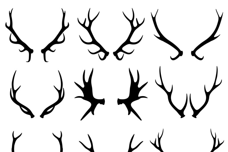 Antlers, deer and reindeer horns vector silhouettes isolated on white