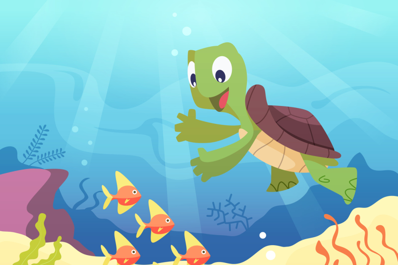 Sea underwater background with cartoon turtle By ONYX | TheHungryJPEG