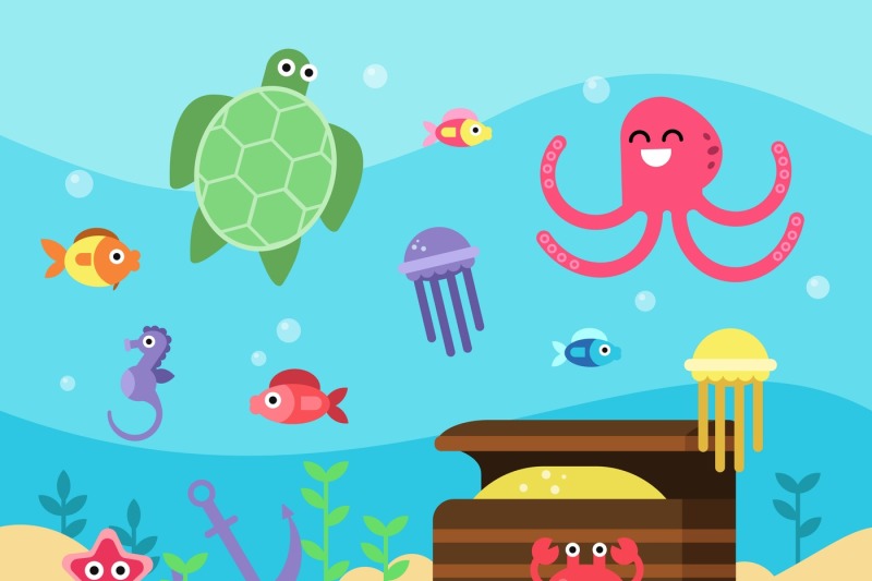 Vector illustrations set of underwater landscape with sea animals and ...