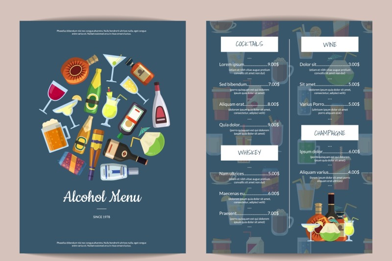 Vector Menu Template With Alcoholic Drinks In Glasses And Bottles By 