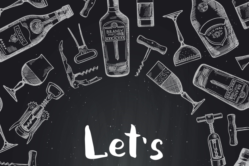 Vector hand drawn alcohol drink bottles and glasses background on blac