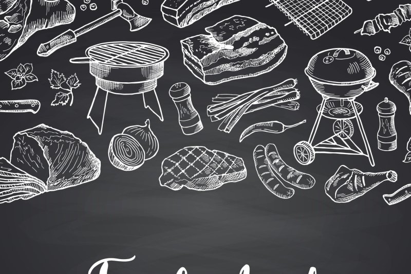 Vector Hand Drawn Meat Elements On Black Chalkboard Illustration With By Onyx Thehungryjpeg Com