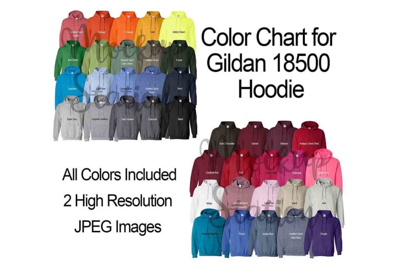 Color Chart for Gildan 18500 Hoodie, Digital Color Chart By