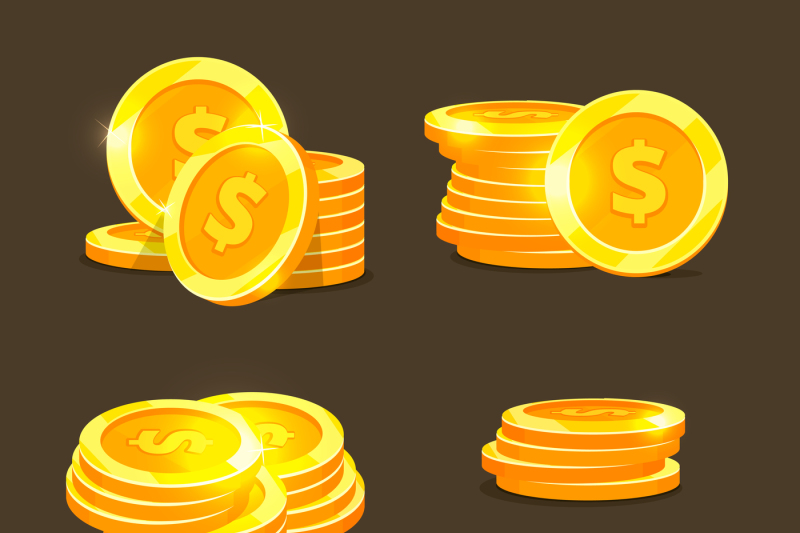 Gold coins vector icons, golden coins stacks and heaps By Microvector ...