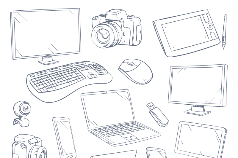 gadget technology set sketch hand drawn vector Stock Vector Image & Art -  Alamy