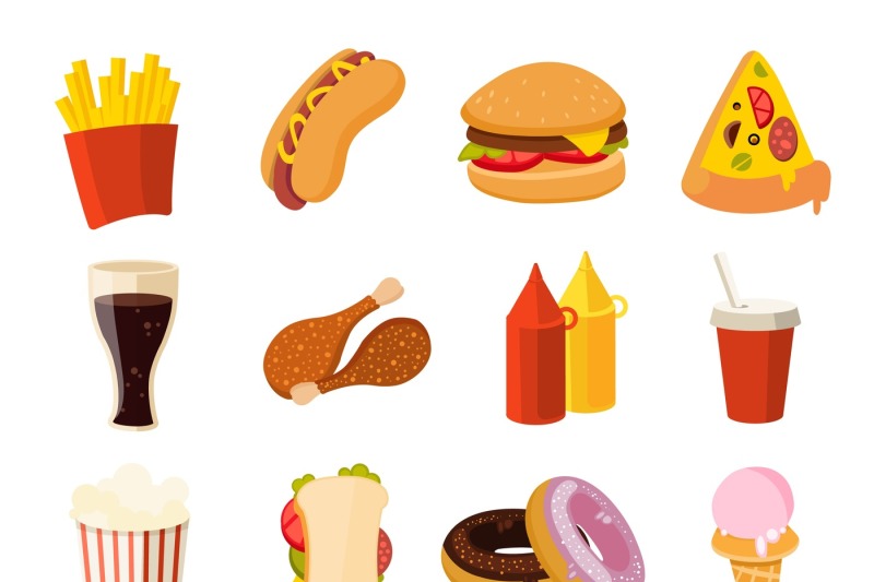 Cartoon fast food, burger, drink, chicken tacos, salad, hotdog vector ...