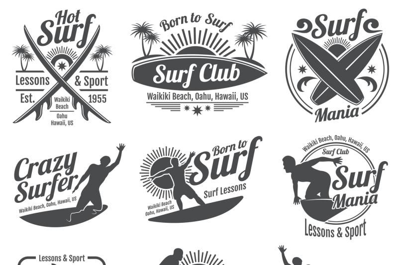 Surfing Club Vector Vintage Emblems Surf Board On Wave Signs By Microvector Thehungryjpeg Com