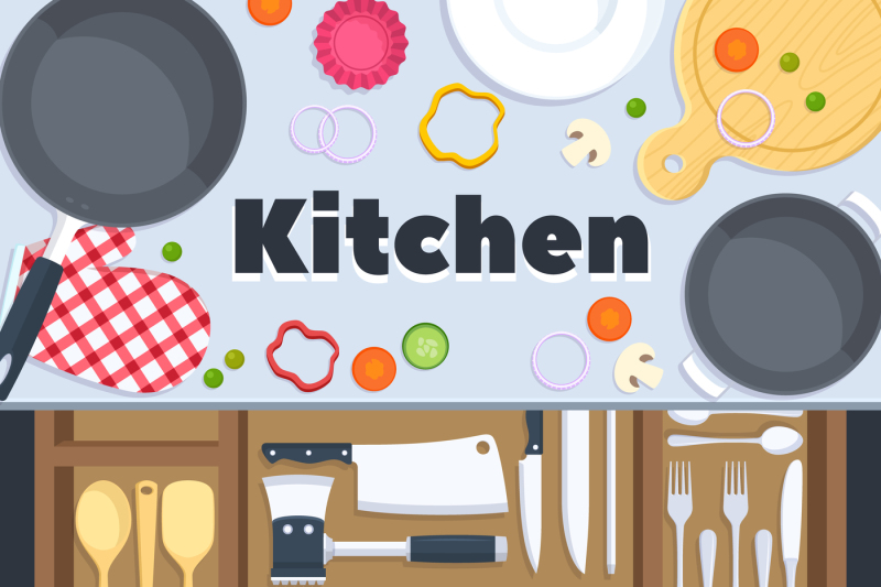 Kitchen design vector background with cooking restaurant equipment By  Microvector | TheHungryJPEG