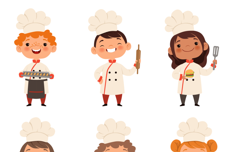 Characters set of children cooks. Cartoon mascots in various dynamic p ...