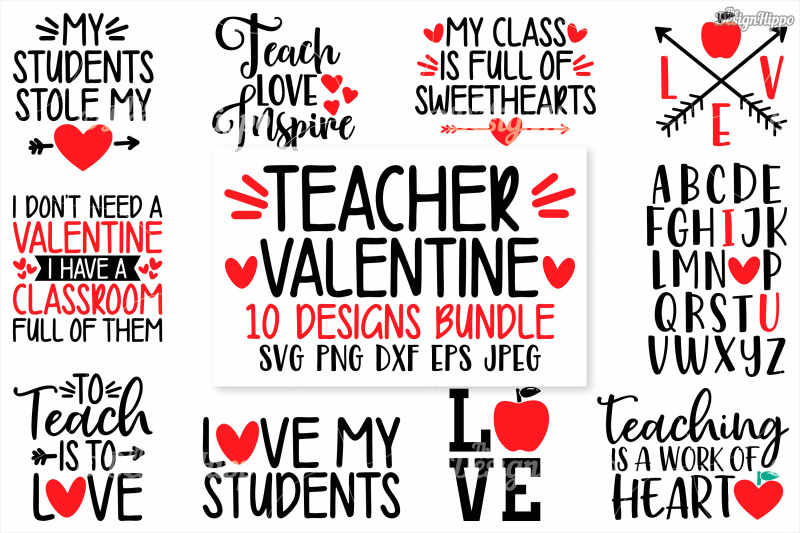 Download Teacher Valentine, 10 Designs Bundle, SVG PNG DXF Cut ...