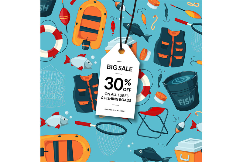 Vector sale background with cartoon fishing equipment By ONYX