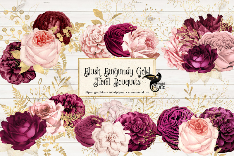 Blush Burgundy and Gold Floral Clipart By Digital Curio | TheHungryJPEG