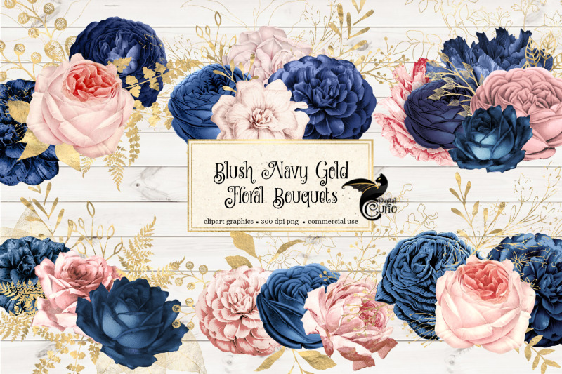 Blush Navy And Gold Floral Clipart By Digital Curio Thehungryjpeg