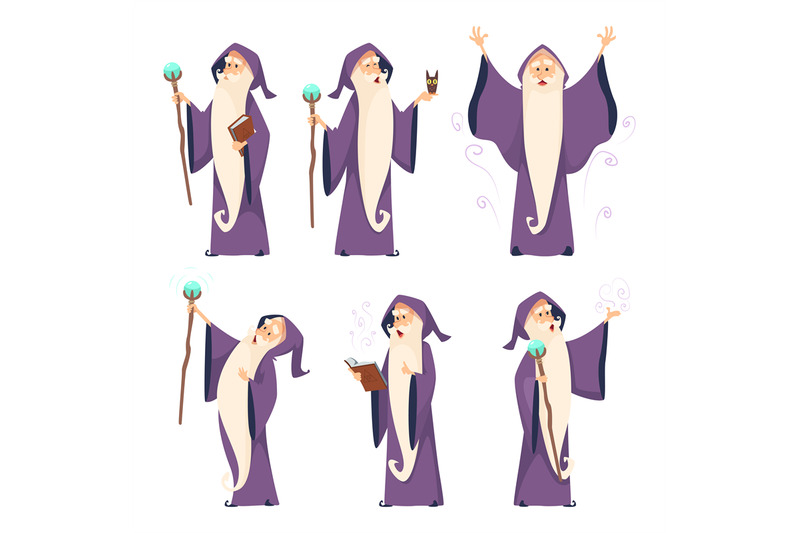 cartoon wizard character in various poses. magician sorcerer...tor or impor...