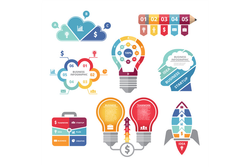 Infographics Concepts With Various Shapes Bulb Rocket Business Case By Onyx Thehungryjpeg Com