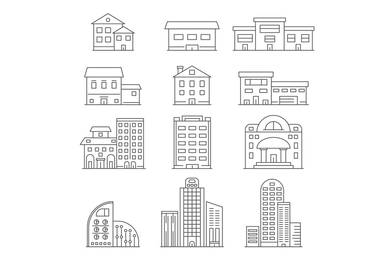 House and business buildings. Vector linear pictures of urban construc ...