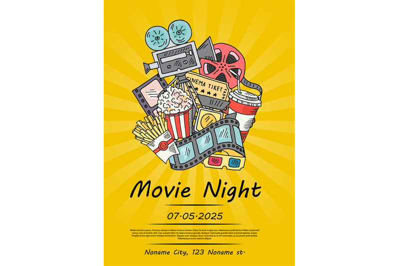 Vector Cinema Doodle Icons Poster For Movie Night Or Festival On Sunra By Onyx Thehungryjpeg Com