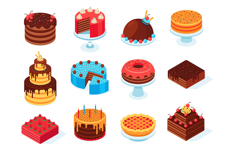 Isometric cakes. Chocolate cake slice, delicious sliced birthday pie a ...