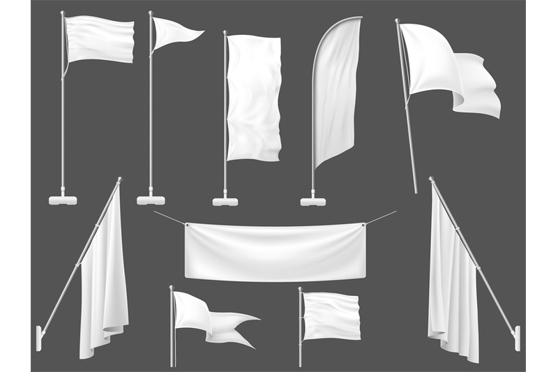 Mockup flag. White flags, blank canvas banner and fabric flag on flagp ...