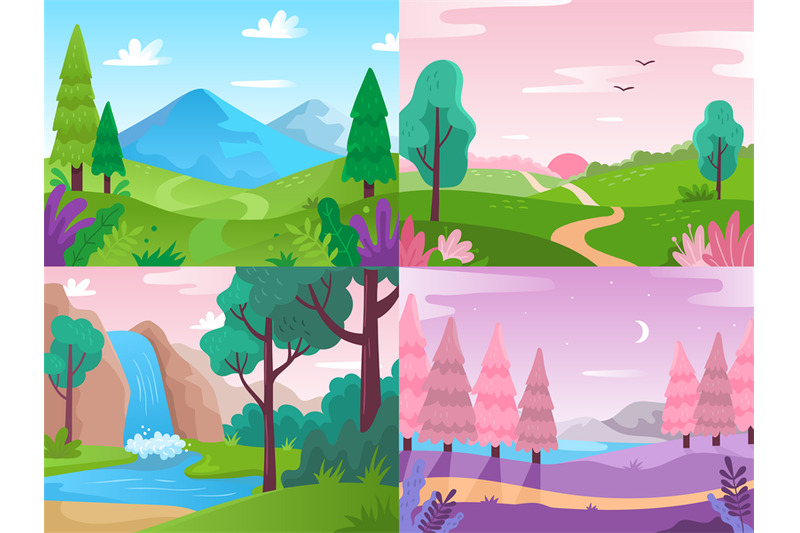 Flat landscape. Summer field nature, forest fauna and waterfall landsc ...