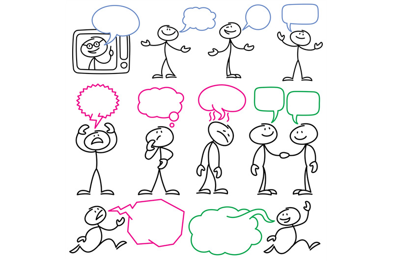 Vector Sketch Stick Figures With Blank Dialog Bubbles By Microvector 