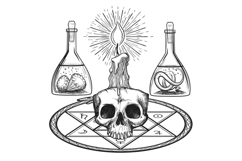 Skull with candle alchemy elements By vectortatu | TheHungryJPEG