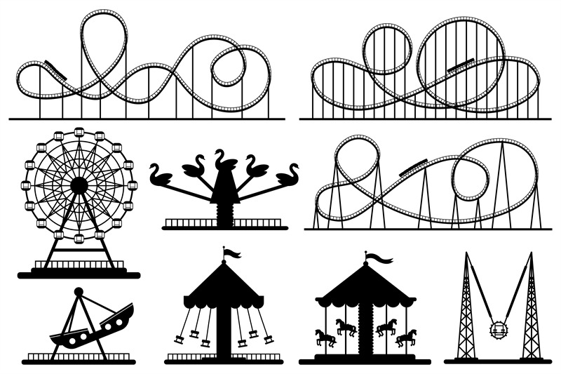 Amusement park silhouette. Roller coaster, festive carnival carousel a ...