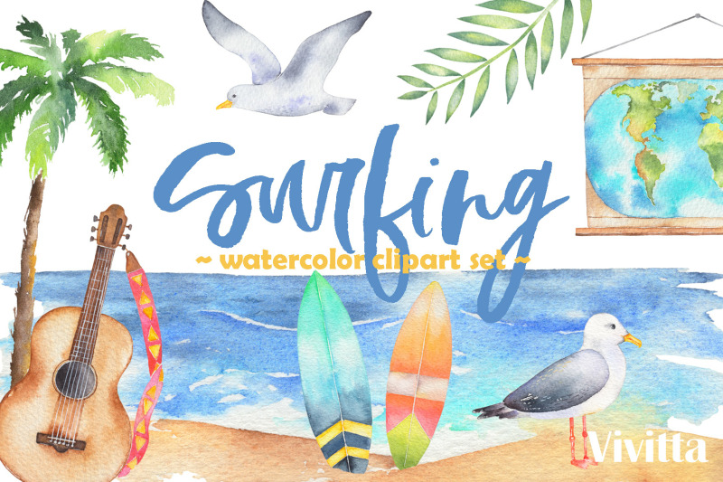 Surfing Collection Watercolor Cliparts By Vivitta Thehungryjpeg