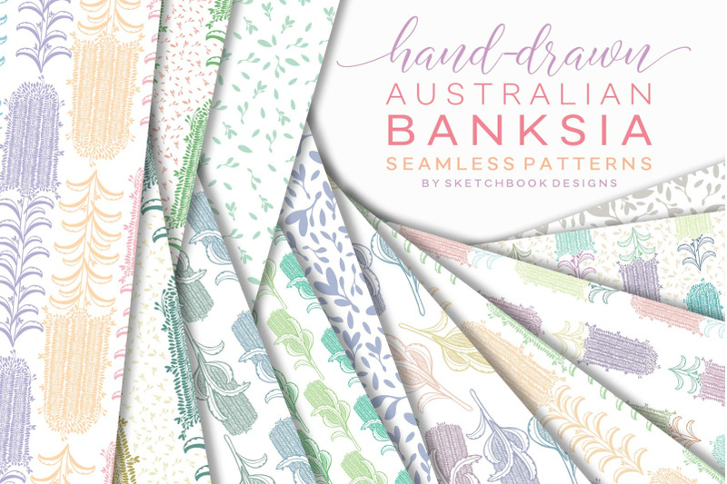 Hand Drawn Australian Banksia Digital Seamless Pattern Set By Sketchbook Designs Thehungryjpeg Com