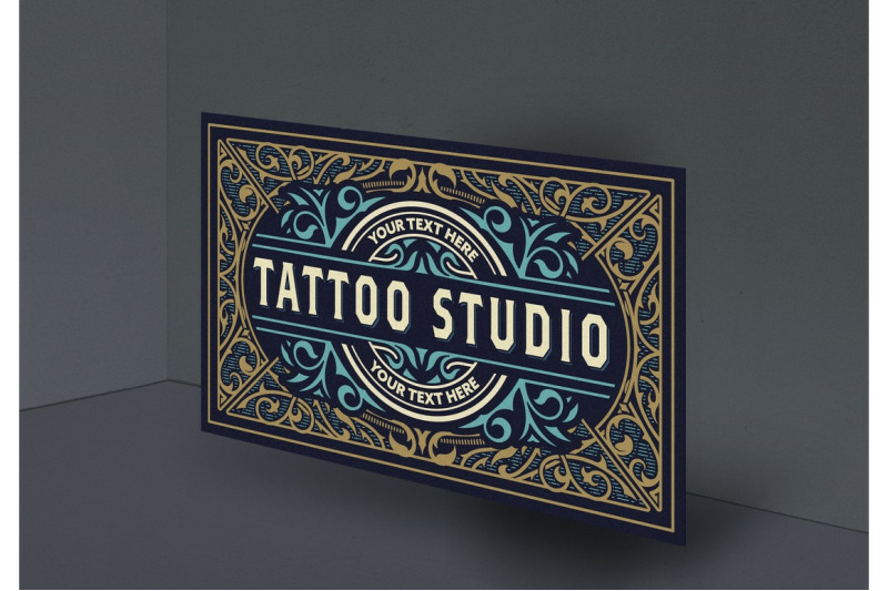 Vintage Tattoo Logo With Gold And Blue Elements By Onevectorstock Thehungryjpeg Com