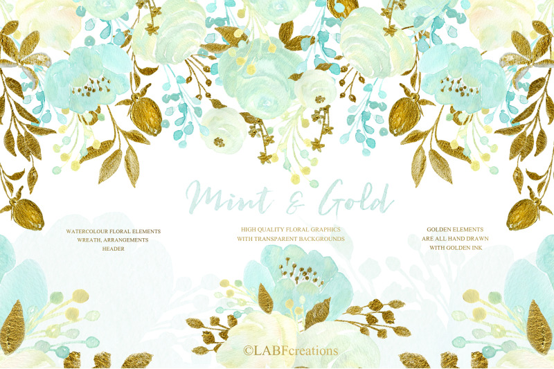 Mint and Gold. Watercolor floral clipart. By LABFcreations
