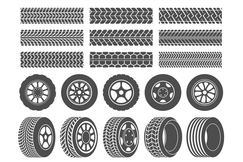 Wheel tires. Car tire tread tracks, motorcycle racing wheels icons and By Tartila 