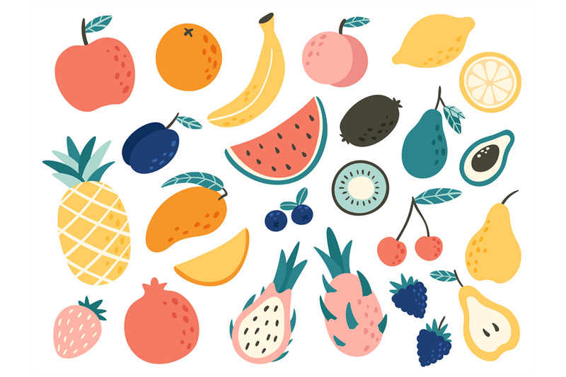 Doodle fruits. Natural tropical fruit, doodles citrus orange and vitam ...