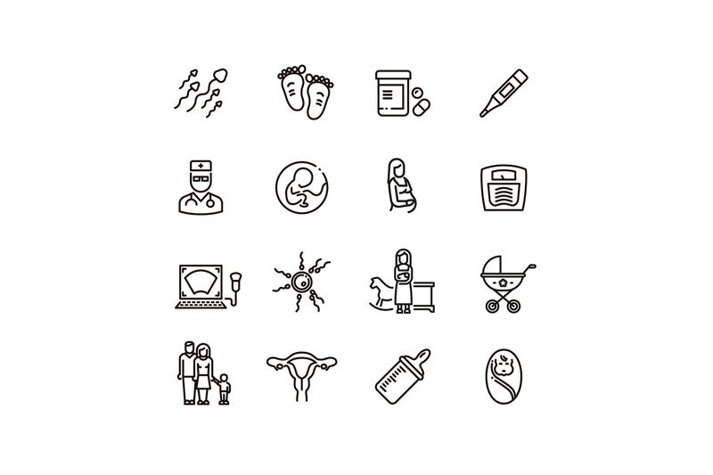 Pregnancy and newborn child line vector icons. Motherhood and infant b ...