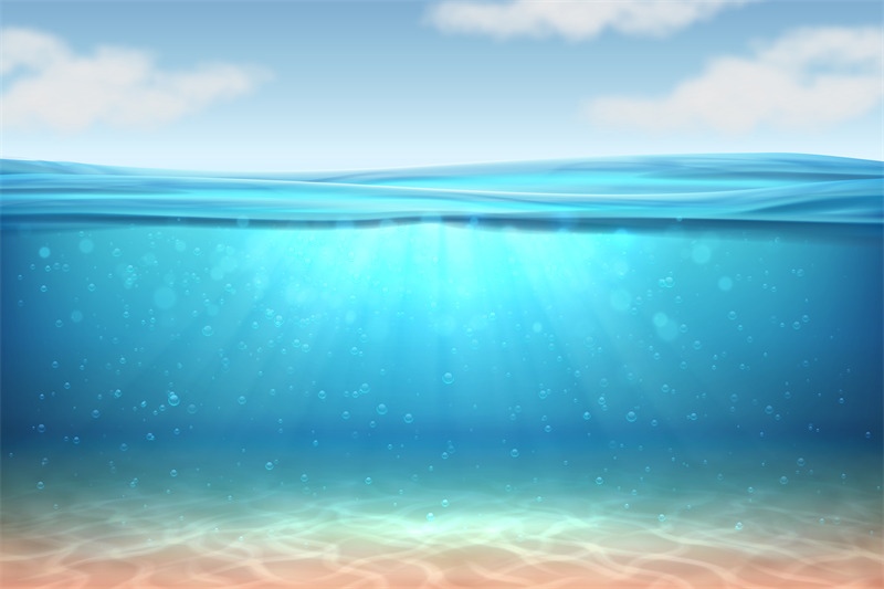 Realistic underwater background. Ocean deep water, sea under water ...