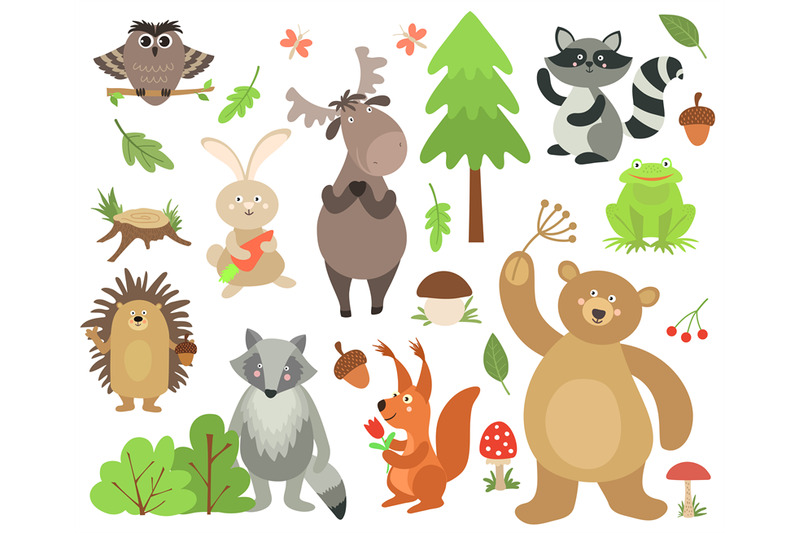 Cartoon forest animals. Elk owl hare raccoon squirrel bear hedgehog fr ...