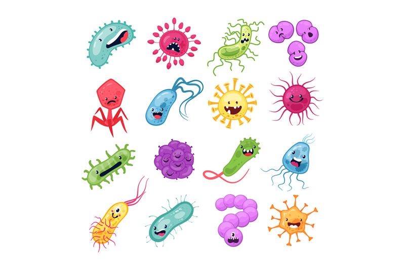 Virus characters. Funny viruses biological allergy microbes epidemiolo ...