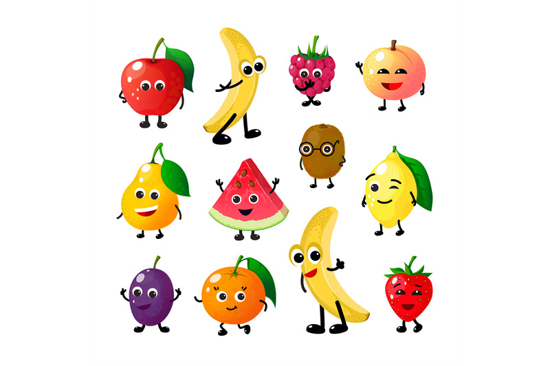 Cartoon funny fruits. Happy apple banana raspberry peach pear watermel ...