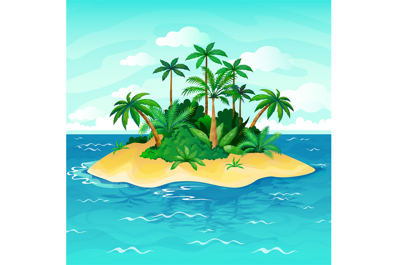 Ocean island cartoon. Palm trees sea uninhabited islands sky sand beac