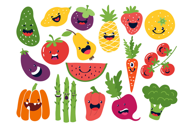 Flat vegetable characters. Funny smiley doodle fruits, hand drawn berr By  SpicyTruffel | TheHungryJPEG